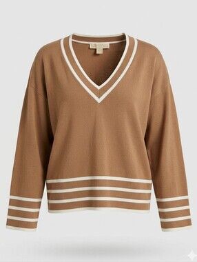 Michael Kors Dark Tan Cream Stripes V-Neck Cotton Relaxed Capsule Sweater Size L